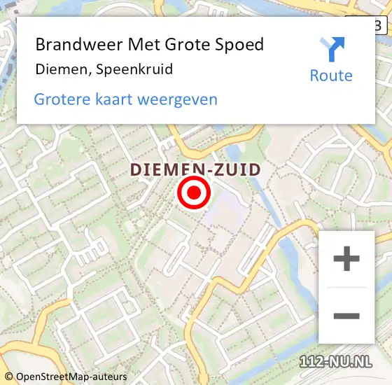 Locatie op kaart van de 112 melding: Brandweer Met Grote Spoed Naar Diemen, Speenkruid op 17 mei 2023 01:06