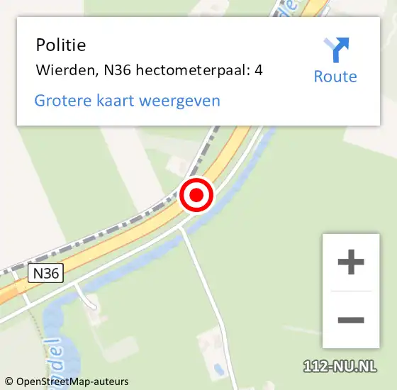 Locatie op kaart van de 112 melding: Politie Wierden, N36 hectometerpaal: 4 op 17 mei 2023 03:41