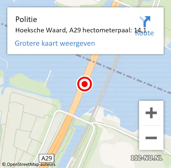 Locatie op kaart van de 112 melding: Politie Hoeksche Waard, A29 hectometerpaal: 14,1 op 17 mei 2023 11:26
