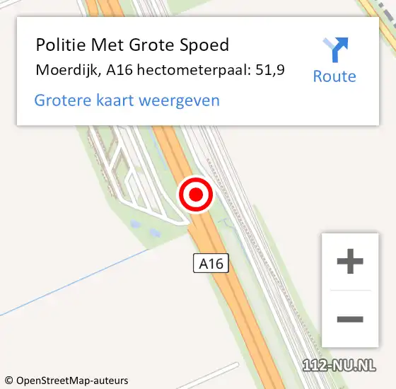 Locatie op kaart van de 112 melding: Politie Met Grote Spoed Naar Moerdijk, A16 hectometerpaal: 51,9 op 17 mei 2023 13:42