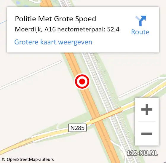 Locatie op kaart van de 112 melding: Politie Met Grote Spoed Naar Moerdijk, A16 hectometerpaal: 52,4 op 17 mei 2023 13:43