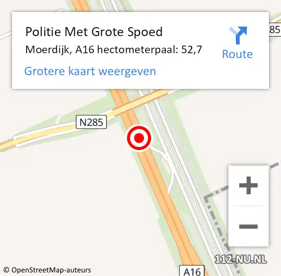 Locatie op kaart van de 112 melding: Politie Met Grote Spoed Naar Moerdijk, A16 hectometerpaal: 52,7 op 17 mei 2023 13:43