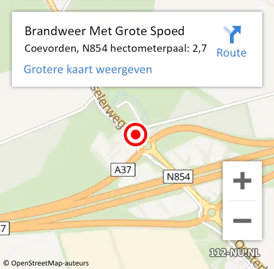Locatie op kaart van de 112 melding: Brandweer Met Grote Spoed Naar Coevorden, N854 hectometerpaal: 2,7 op 17 mei 2023 14:08