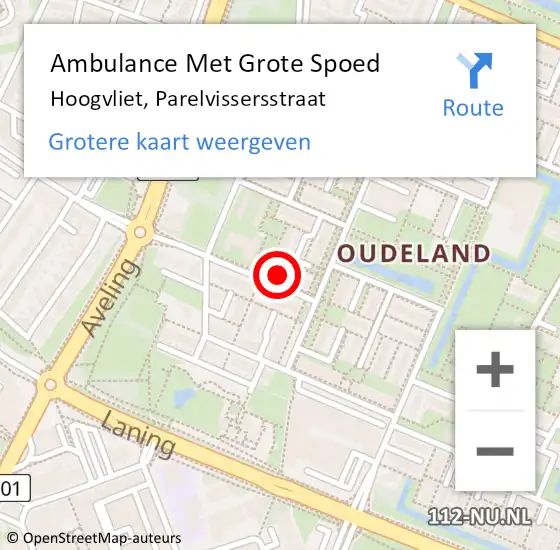 Locatie op kaart van de 112 melding: Ambulance Met Grote Spoed Naar Hoogvliet, Parelvissersstraat op 17 mei 2023 15:48