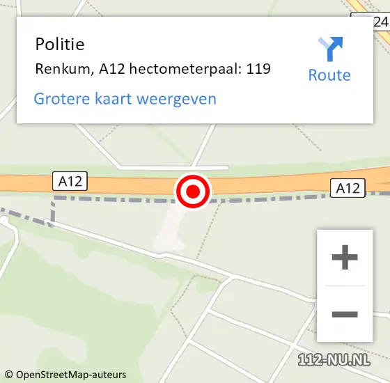 Locatie op kaart van de 112 melding: Politie Renkum, A12 hectometerpaal: 119 op 17 mei 2023 16:27