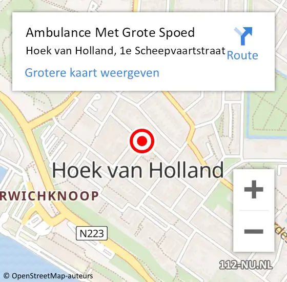 Locatie op kaart van de 112 melding: Ambulance Met Grote Spoed Naar Hoek van Holland, 1e Scheepvaartstraat op 17 mei 2023 16:41