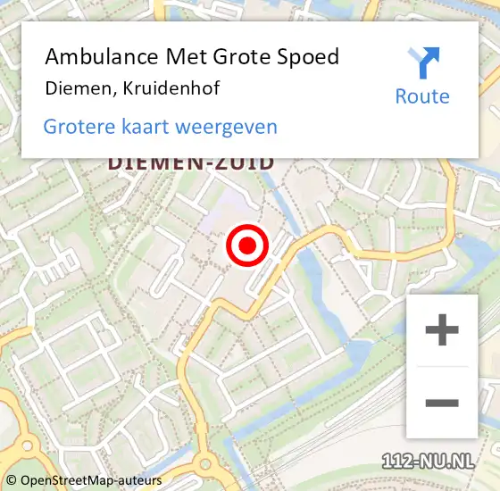 Locatie op kaart van de 112 melding: Ambulance Met Grote Spoed Naar Diemen, Kruidenhof op 17 mei 2023 17:49