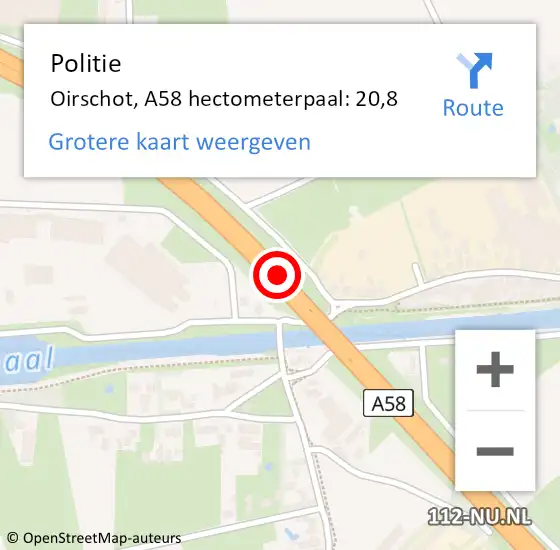 Locatie op kaart van de 112 melding: Politie Oirschot, A58 hectometerpaal: 20,8 op 17 mei 2023 17:56