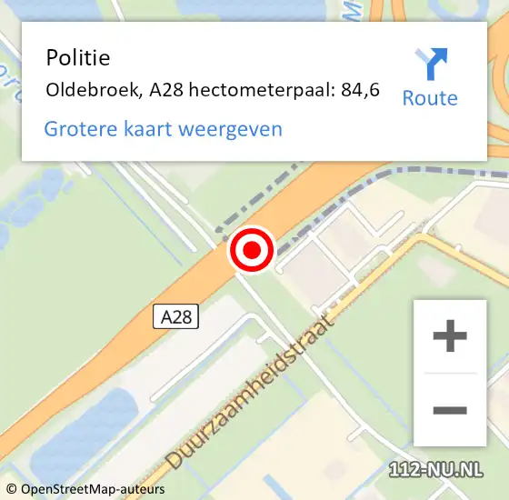 Locatie op kaart van de 112 melding: Politie Oldebroek, A28 hectometerpaal: 84,6 op 17 mei 2023 18:51