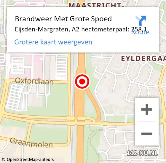 Locatie op kaart van de 112 melding: Brandweer Met Grote Spoed Naar Eijsden-Margraten, A2 hectometerpaal: 258,1 op 17 mei 2023 19:02