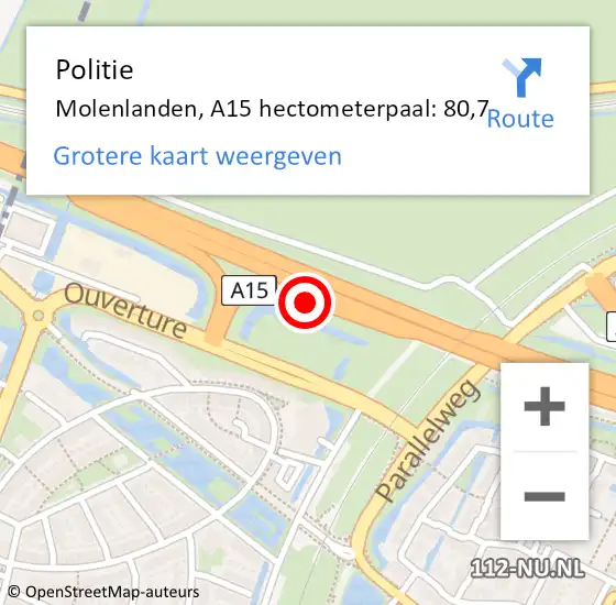 Locatie op kaart van de 112 melding: Politie Molenlanden, A15 hectometerpaal: 80,7 op 17 mei 2023 19:24