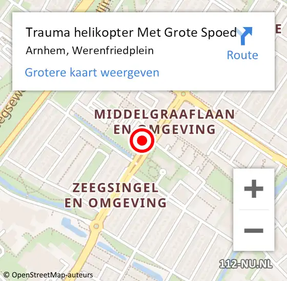 Locatie op kaart van de 112 melding: Trauma helikopter Met Grote Spoed Naar Arnhem, Werenfriedplein op 17 mei 2023 20:10