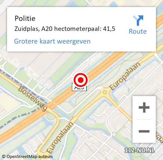 Locatie op kaart van de 112 melding: Politie Zuidplas, A20 hectometerpaal: 41,5 op 17 mei 2023 20:20