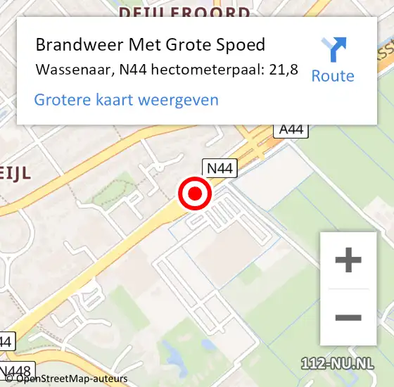 Locatie op kaart van de 112 melding: Brandweer Met Grote Spoed Naar Wassenaar, N44 hectometerpaal: 21,8 op 17 mei 2023 22:49