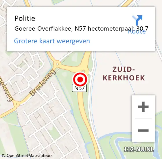 Locatie op kaart van de 112 melding: Politie Goeree-Overflakkee, N57 hectometerpaal: 30,7 op 17 mei 2023 22:58