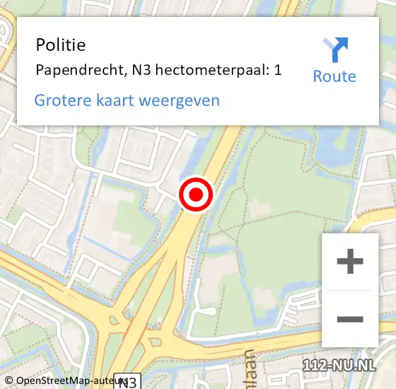 Locatie op kaart van de 112 melding: Politie Papendrecht, N3 hectometerpaal: 1 op 18 mei 2023 08:16