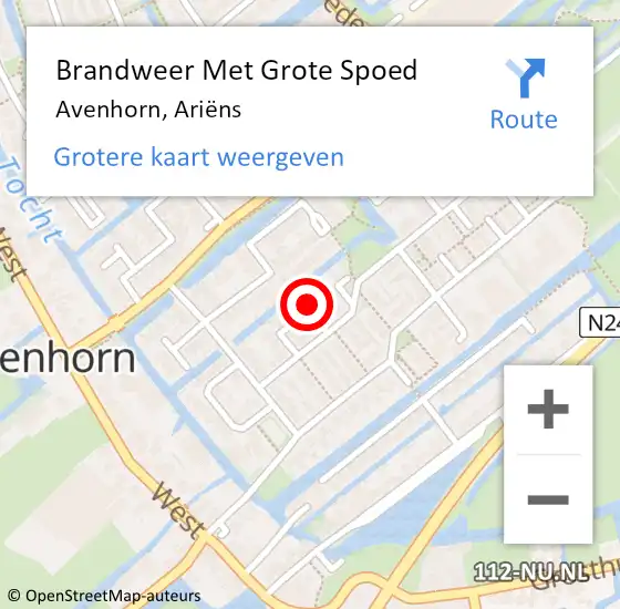 Locatie op kaart van de 112 melding: Brandweer Met Grote Spoed Naar Avenhorn, Ariëns op 18 mei 2023 08:53