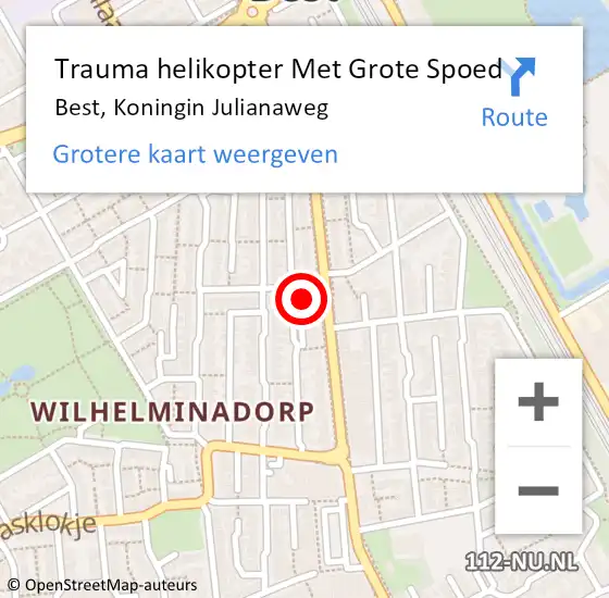 Locatie op kaart van de 112 melding: Trauma helikopter Met Grote Spoed Naar Best, Koningin Julianaweg op 18 mei 2023 09:43