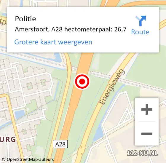 Locatie op kaart van de 112 melding: Politie Amersfoort, A28 hectometerpaal: 26,7 op 18 mei 2023 11:37