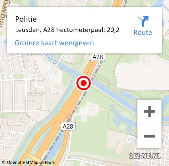 Locatie op kaart van de 112 melding: Politie Leusden, A28 hectometerpaal: 20,2 op 18 mei 2023 11:59