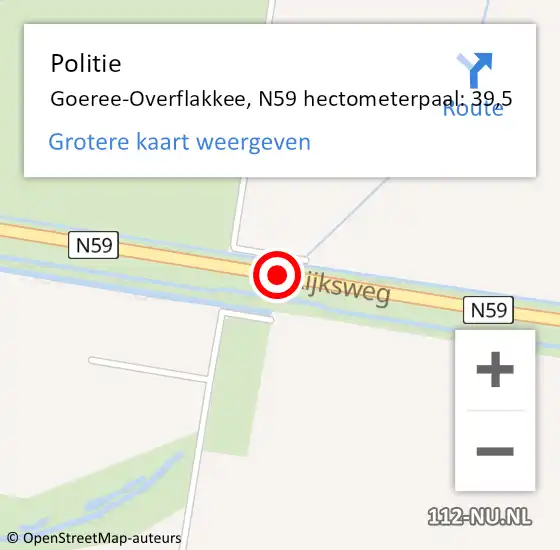 Locatie op kaart van de 112 melding: Politie Goeree-Overflakkee, N59 hectometerpaal: 39,5 op 18 mei 2023 12:18