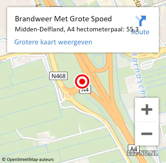 Locatie op kaart van de 112 melding: Brandweer Met Grote Spoed Naar Midden-Delfland, A4 hectometerpaal: 55,3 op 18 mei 2023 12:27