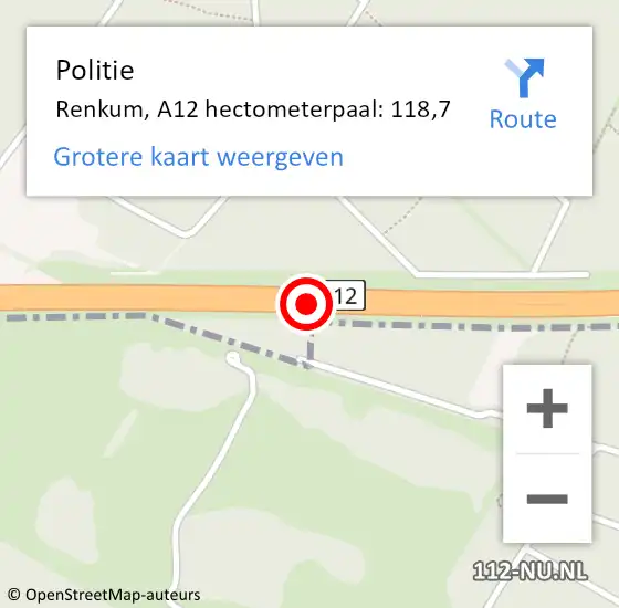 Locatie op kaart van de 112 melding: Politie Renkum, A12 hectometerpaal: 118,7 op 18 mei 2023 12:44