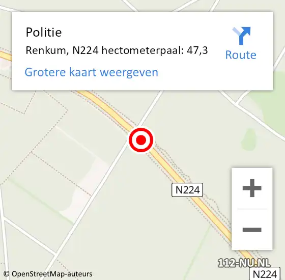 Locatie op kaart van de 112 melding: Politie Renkum, N224 hectometerpaal: 47,3 op 18 mei 2023 13:38