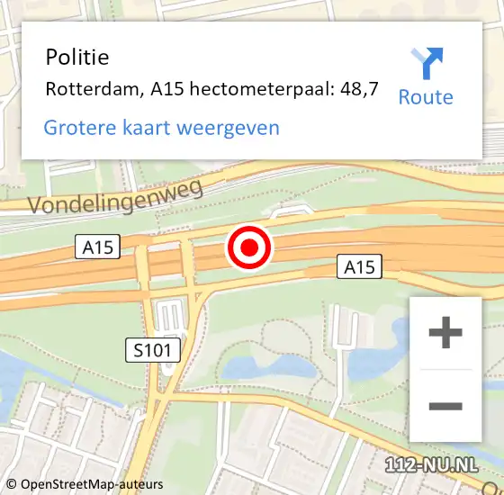 Locatie op kaart van de 112 melding: Politie Rotterdam, A15 hectometerpaal: 48,7 op 18 mei 2023 14:12