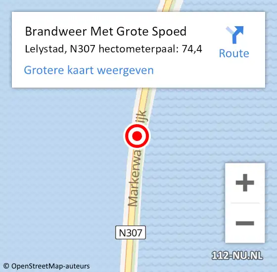 Locatie op kaart van de 112 melding: Brandweer Met Grote Spoed Naar Lelystad, N307 hectometerpaal: 74,4 op 18 mei 2023 16:08