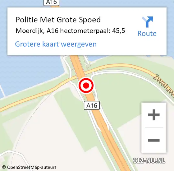 Locatie op kaart van de 112 melding: Politie Met Grote Spoed Naar Moerdijk, A16 hectometerpaal: 45,5 op 18 mei 2023 17:38