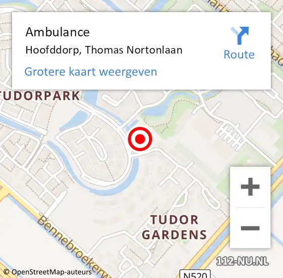 Locatie op kaart van de 112 melding: Ambulance Hoofddorp, Thomas Nortonlaan op 18 mei 2023 17:57