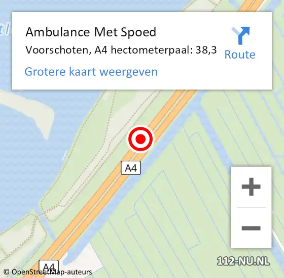 Locatie op kaart van de 112 melding: Ambulance Met Spoed Naar Voorschoten, A4 hectometerpaal: 38,3 op 18 mei 2023 18:52