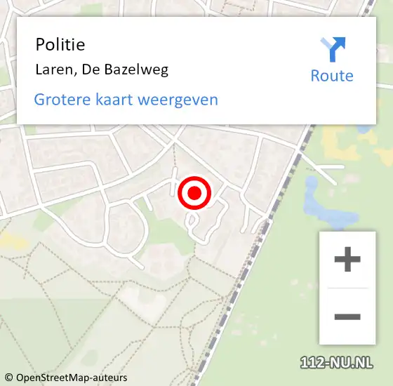 Locatie op kaart van de 112 melding: Politie Laren, De Bazelweg op 18 mei 2023 20:58