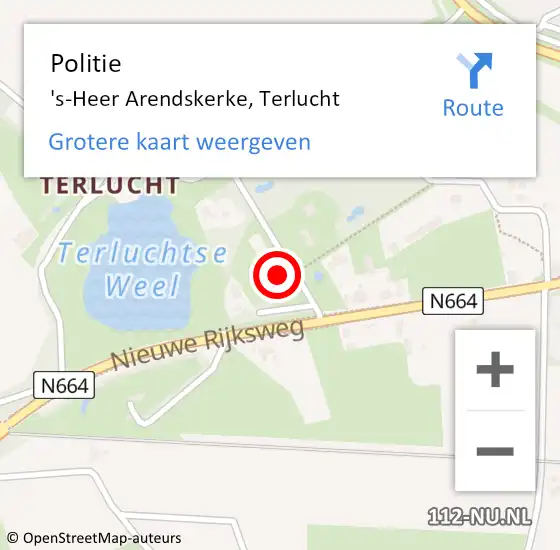 Locatie op kaart van de 112 melding: Politie 's-Heer Arendskerke, Terlucht op 18 mei 2023 23:06