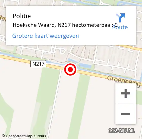 Locatie op kaart van de 112 melding: Politie Hoeksche Waard, N217 hectometerpaal: 9 op 18 mei 2023 23:59