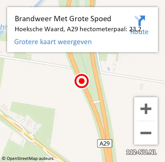 Locatie op kaart van de 112 melding: Brandweer Met Grote Spoed Naar Hoeksche Waard, A29 hectometerpaal: 23,2 op 19 mei 2023 04:05