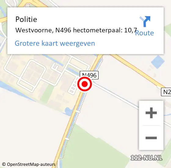 Locatie op kaart van de 112 melding: Politie Westvoorne, N496 hectometerpaal: 10,7 op 19 mei 2023 07:06