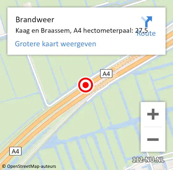 Locatie op kaart van de 112 melding: Brandweer Kaag en Braassem, A4 hectometerpaal: 27,5 op 19 mei 2023 08:33