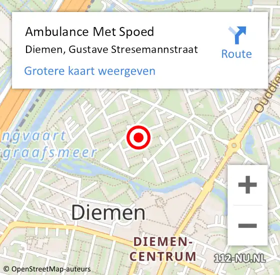 Locatie op kaart van de 112 melding: Ambulance Met Spoed Naar Diemen, Gustave Stresemannstraat op 19 mei 2023 08:37