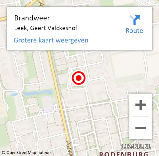 Locatie op kaart van de 112 melding: Brandweer Leek, Geert Valckeshof op 19 mei 2023 10:15