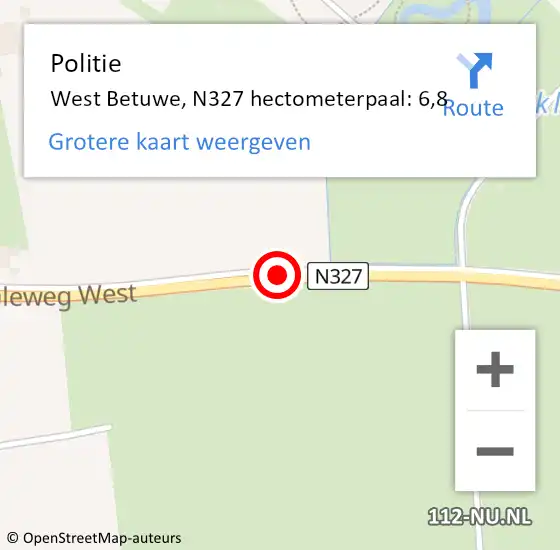 Locatie op kaart van de 112 melding: Politie West Betuwe, N327 hectometerpaal: 6,8 op 19 mei 2023 10:46