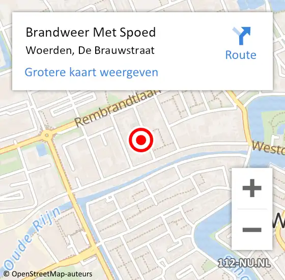 Locatie op kaart van de 112 melding: Brandweer Met Spoed Naar Woerden, De Brauwstraat op 19 mei 2023 12:31