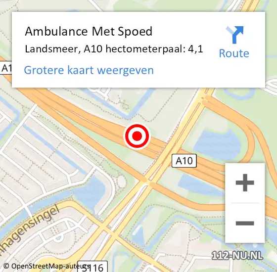 Locatie op kaart van de 112 melding: Ambulance Met Spoed Naar Landsmeer, A10 hectometerpaal: 4,1 op 19 mei 2023 13:06