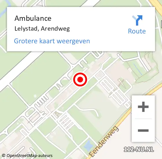 Locatie op kaart van de 112 melding: Ambulance Lelystad, Arendweg op 19 mei 2023 14:39