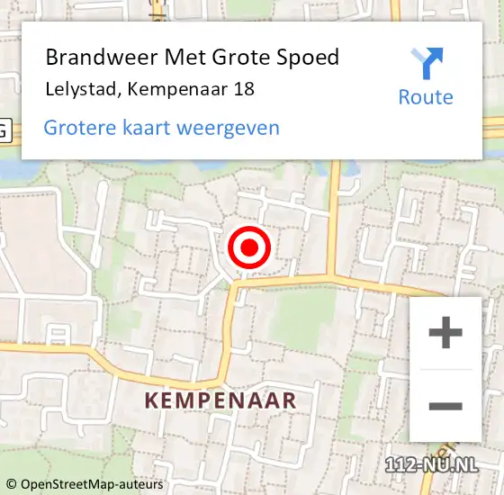 Locatie op kaart van de 112 melding: Brandweer Met Grote Spoed Naar Lelystad, Kempenaar 18 op 19 mei 2023 18:21