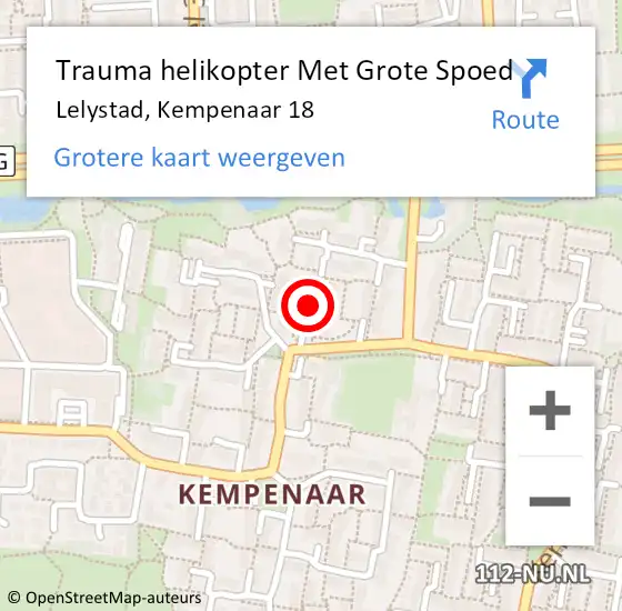 Locatie op kaart van de 112 melding: Trauma helikopter Met Grote Spoed Naar Lelystad, Kempenaar 18 op 19 mei 2023 18:24