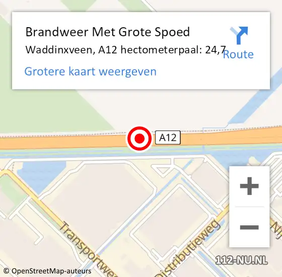 Locatie op kaart van de 112 melding: Brandweer Met Grote Spoed Naar Waddinxveen, A12 hectometerpaal: 24,7 op 19 mei 2023 21:20