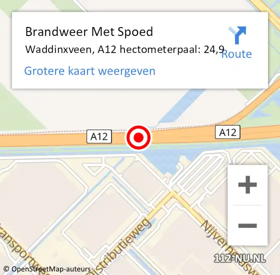 Locatie op kaart van de 112 melding: Brandweer Met Spoed Naar Waddinxveen, A12 hectometerpaal: 24,9 op 19 mei 2023 21:20