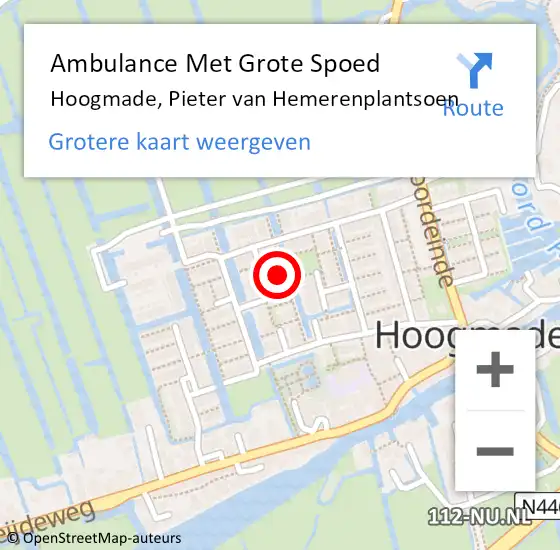 Locatie op kaart van de 112 melding: Ambulance Met Grote Spoed Naar Hoogmade, Pieter van Hemerenplantsoen op 20 mei 2023 03:05